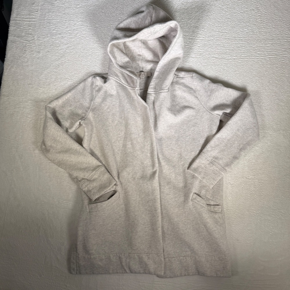 LOFT Womens XS Heather Gray Open Front Hooded Cardigan Fleece Lined Pockets